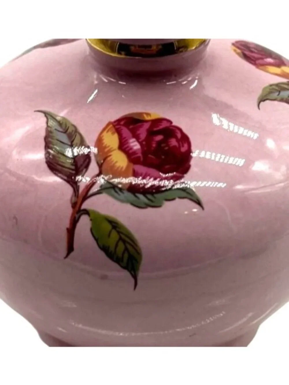 Vintage Pink Ceramic Rose Vase With Gold Detailing & Scalloped Rim 4